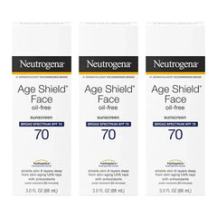 Neutrogena Age Shield Face Oil-Free Sunscreen Lotion with Broad Spectrum SPF 70, Non-Comedogenic Moisturizing Sunscreen to Help Prevent Signs of Aging, PABA-Free, 3 fl. oz (Pack of 3)