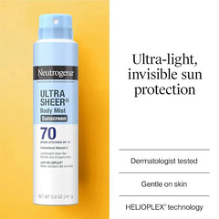 Neutrogena Ultra Sheer Body Mist Sunscreen Spray, Broad Spectrum SPF 70, Lightweight Spray Sunscreen, Non-Greasy & Water Resistant, Oil-Free & Non-Comedogenic UVA/UVB, 5 oz, Pack of 3