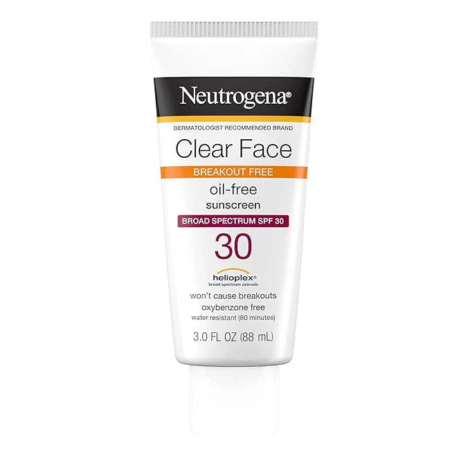 Neutrogena Clear Face Sunscreen Lotion for Acne-Prone Skin, Broad Spectrum SPF 30 Facial Sunscreen for Oily Skin, Fragrance- & Oxybenzone-Free Water Resistant, 3 fl. oz