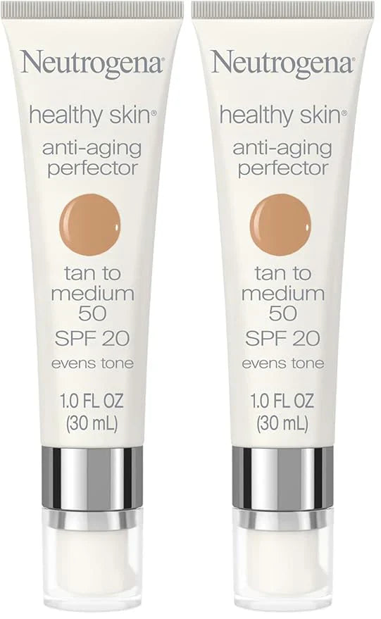 Neutrogena Healthy Skin Anti-Aging Perfector Tinted Facial Moisturizer and Retinol Treatment with Broad Spectrum SPF 20 Sunscreen with Titanium Dioxide, 50 Tan to Medium, 1 fl. oz (Pack of 2)