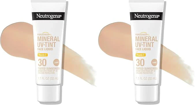 Neutrogena Purescreen+ Mineral UV Tint Face Liquid Tinted Sunscreen - with 100% Mineral Actives & Vitamin E,Enhances Natural Tone,Water Resistant,Broad Spectrum SPF 30,1.1 fl oz,(Pack of 2)