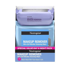 Neutrogena Day & Night Facial Cleansing Wipes, Makeup Remover Face Cleansing Towelettes & Night Calming Facial Cloths, 100% Plant Based Fibers Wipe Away Dirt & Oil, (3 Packs of 25)