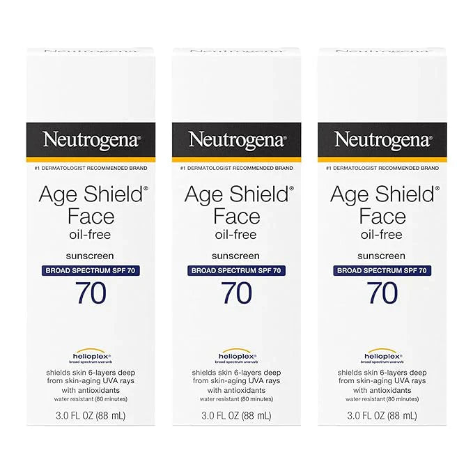 Neutrogena Age Shield Face Oil-Free Sunscreen Lotion with Broad Spectrum SPF 70, Non-Comedogenic Moisturizing Sunscreen to Help Prevent Signs of Aging, PABA-Free, 3 fl. oz (Pack of 3)
