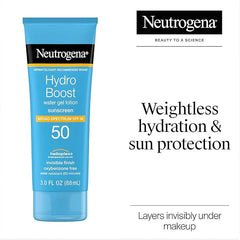 Neutrogena Hydro Boost Moisturizing Water Gel Sunscreen Lotion with Broad Spectrum SPF 50, Water-Resistant & Non-Greasy Hydrating Sunscreen Lotion, Oil-Free, 3 fl. oz