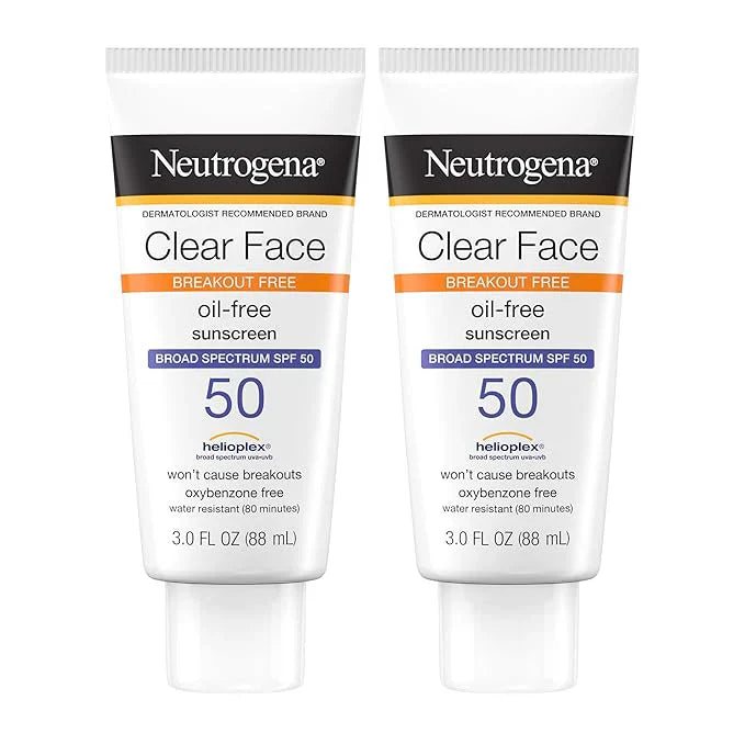 Neutrogena Clear Face Sunscreen Lotion for Acne-Prone Skin, Broad Spectrum SPF 50 Facial Sunscreen for Oily Skin, Oil-, Fragrance- & Oxybenzone-Free Water Resistant Sunscreen, Twin Pack, 2 x 3 fl. oz