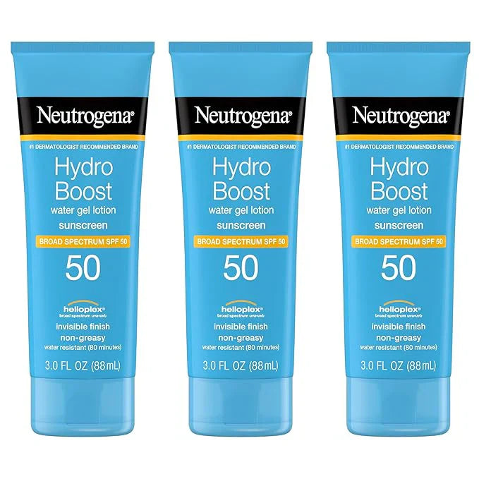 Neutrogena Hydro Boost Water Gel Moisturizing Sunscreen Lotion, Broad Spectrum Sunblock SPF 50, Water Resistant Travel Size Sunscreen For Sensitive Skin, 3 FL OZ (3-Pack)